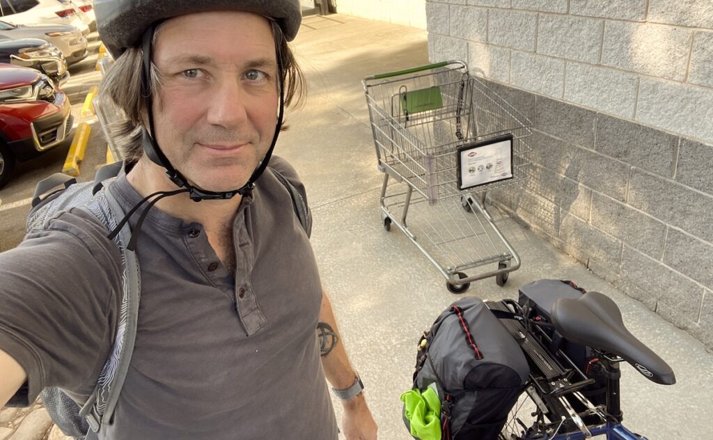 Taking new birthday panniers to the grocery store to test out biking with weight.